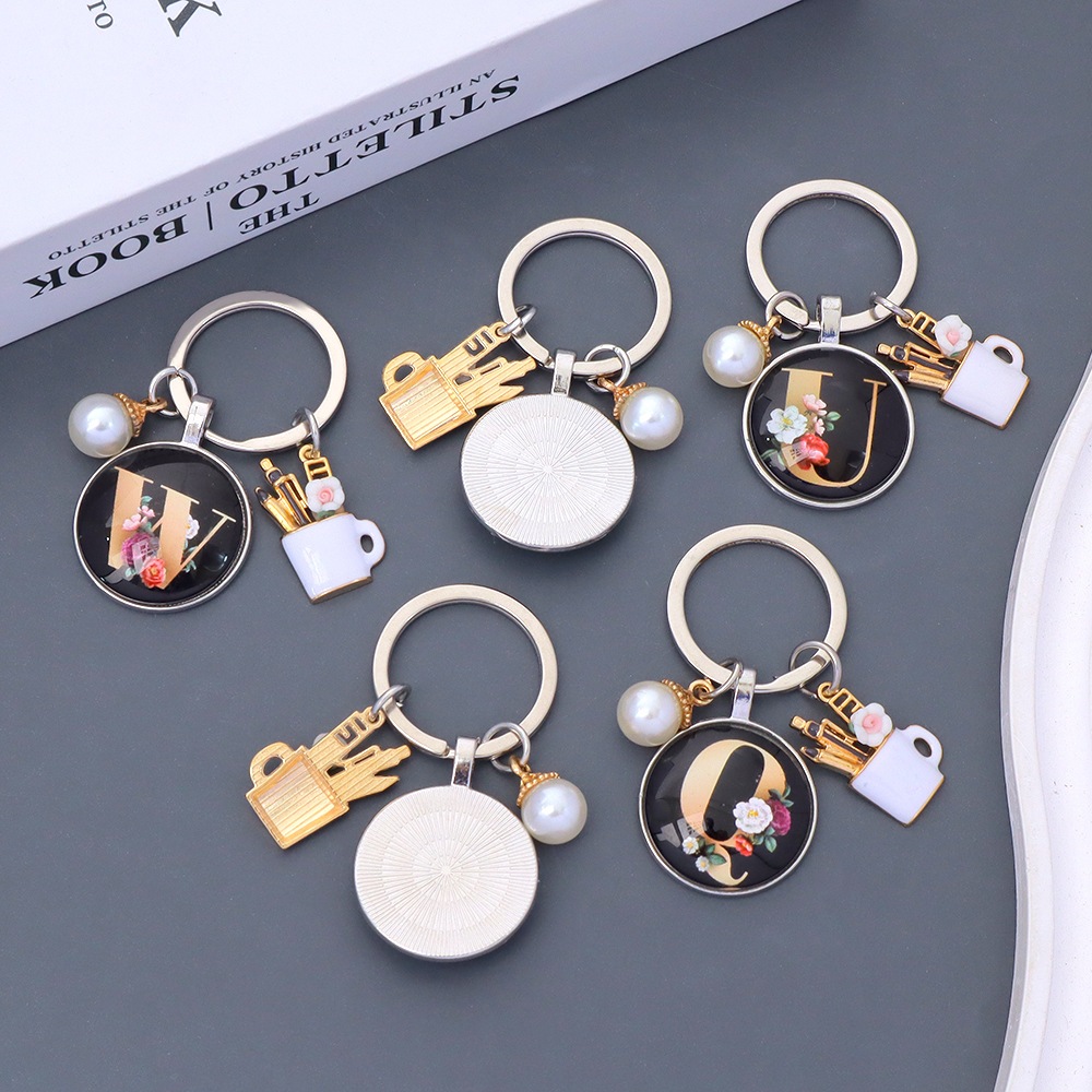 Thời Trang 26 Chữ Móc Khóa Giả Ngọc Trai Hoa Hồng Tròn Ban Đầu Móc Khóa Cốc Mặt Dây Chuyền Xe Móc Kh