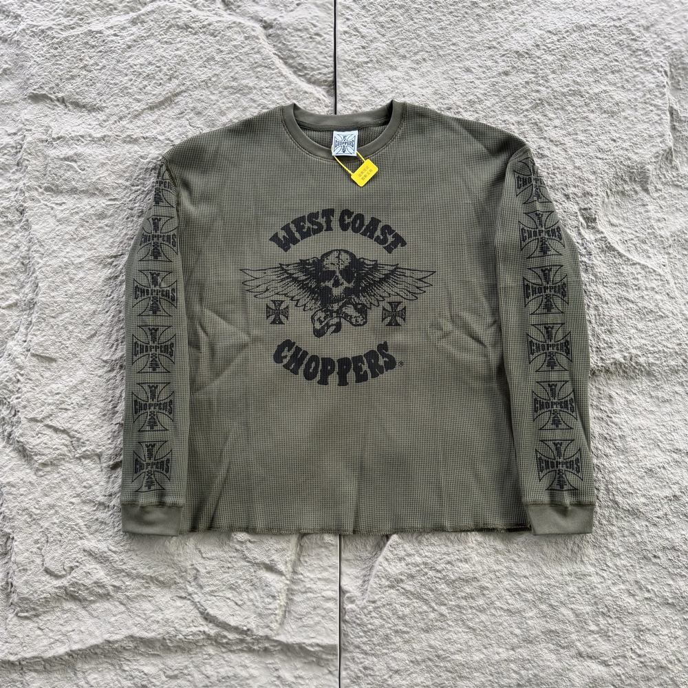 Áo Thun Nam Oversize Tay Dài West Coast Choppers, Họa TiếtVintage Wash trên Vải Waffle 100% Cotton