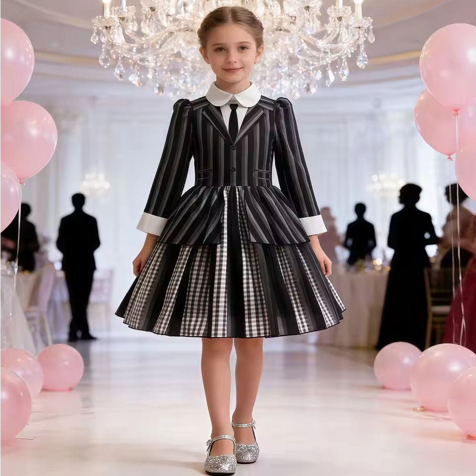 Đen mới Bộ phim Enid Cosplay trang phục Gothic sọc công chúa váy và phụ kiện váy lễ hội cho bé gái