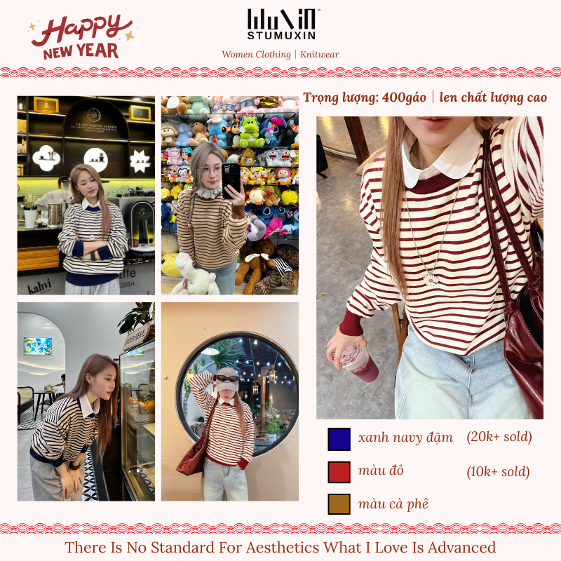 MUXIN phiên bản Giáng Sinh giới hạn mới | Áo len dài tay sọc phong cách Hàn Quốc cho ngày thường năm