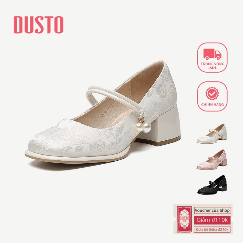 Giày Cao Gót Dày DUSTO Nữ Mary Jane Giày Nữ Satin Sang Trọng DW24C0072A