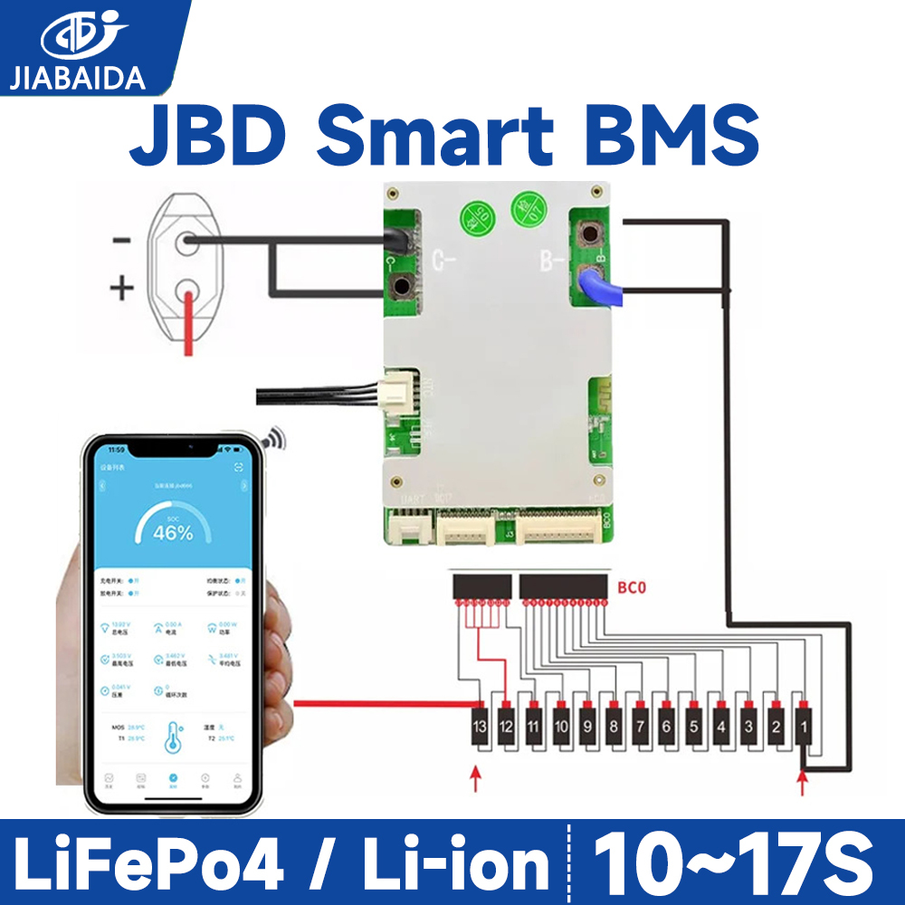 JBD BMS Smart BT APP Li-ion Lifepo4 16S 48V 10S 36V 13S 17S 20A 40A 50A 60A 80A JIABAIDA BMS Cân bằn