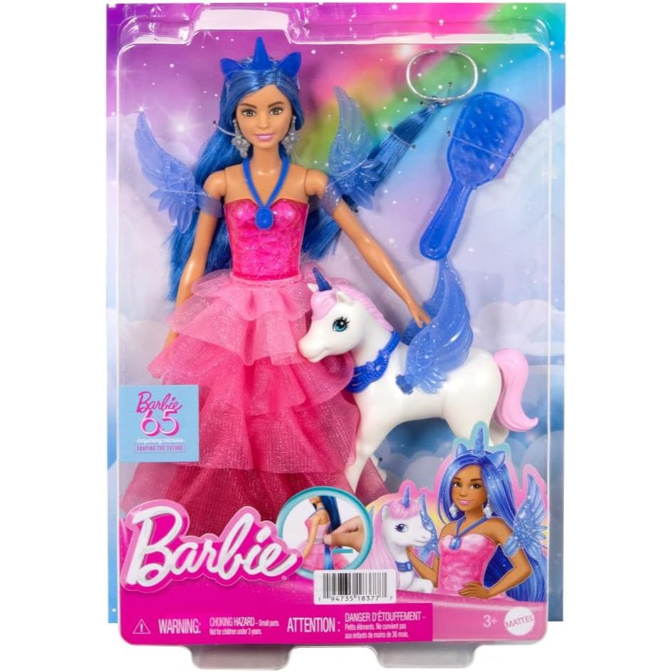 Đồ chơi Barbie Unicorn, Búp bê kỷ niệm 65 năm, Tóc xanh, Váy và phụ kiện màu hồng, chẳng hạn như Cán