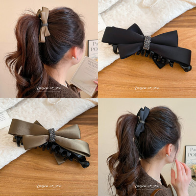 DREJEW Kẹp Tóc Satin Nơ Màu Đen và Be với Kim Cương Giả - Phụ Kiện Tóc Thời Trang