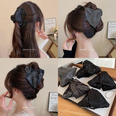 Nơ tóc nữ đen kim sa ngọc trai, họa tiết lấp lánh, phù hợp tiệc và hàng ngày