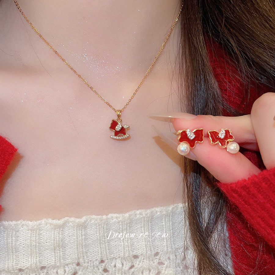 Bộ Trang Sức Nữ Đỏ với Thiết Kế Ngọc Trai Thời Trang, gồm Vòng Cổ và Bông Tai, Phù hợp Hàng Ngày