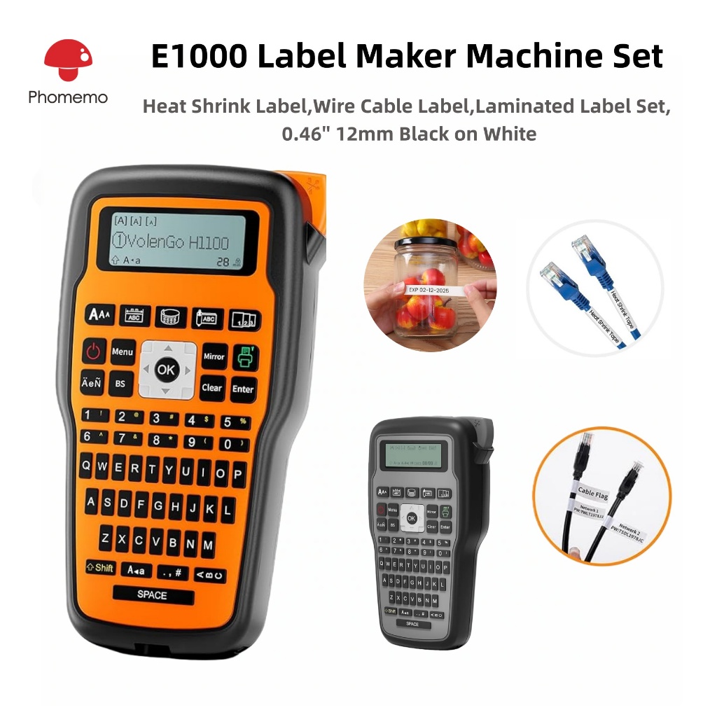 Phomemo E1000 Máy làm nhãn Nhãn co nhiệt, Nhãn cáp dây, Bộ nhãn nhiều lớp, 0,46 '' 12mm Đen trắng Má