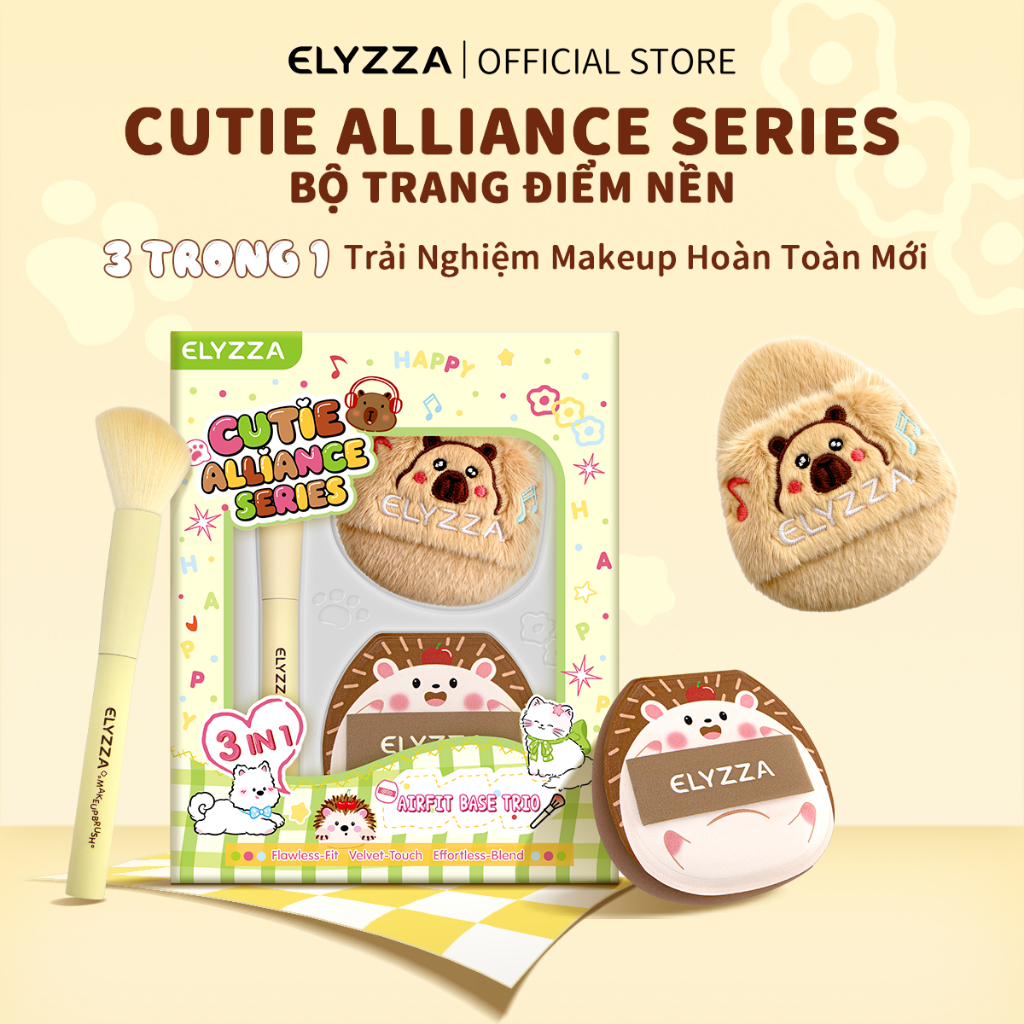 Mút Đánh Nền Cutie Alliance ELYZZA Bông Phấn Phủ Mềm Mại Và Thân Thiện Với Da, Bộ Set Bao Gồm Mút Phấn Phủ Để Phủ Phấn, Cọ Má Hồng Hình Nghiêng+Bông Kem Nền Giúp Trang Điểm Tinh Tế(3PCS)