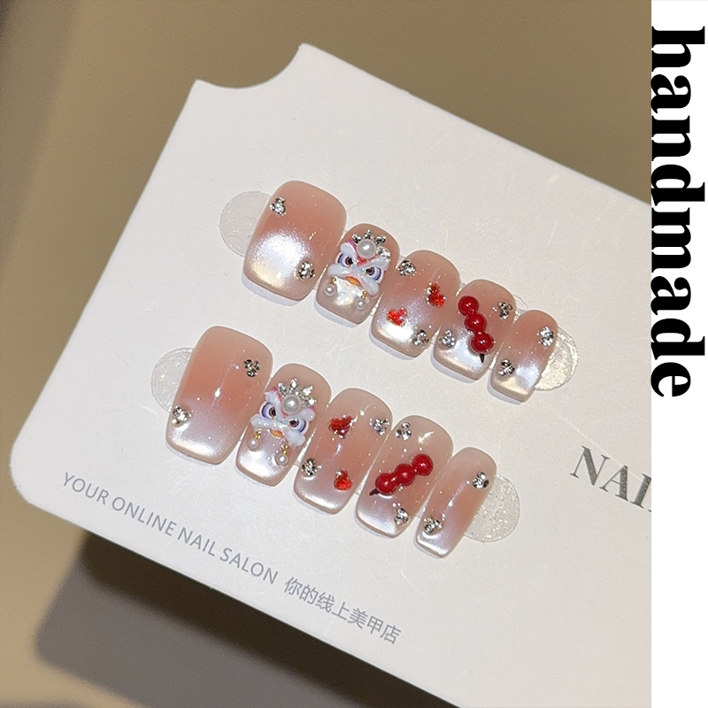 Bấm vào móng tay handmade [Fu Lu Wake Lions] Lions Wake Cat 's Eye Phong cách năm mới handmade Đeo m