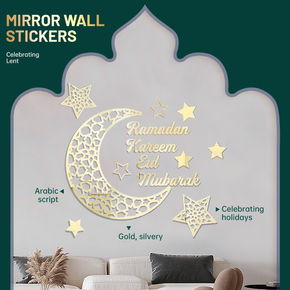 Nhãn Dán Gương Acrylic 3D Dán Tường Ngôi Sao Trăng Ramadhan Lễ Hội Dán Tường Trung Đông Phong Cách 3