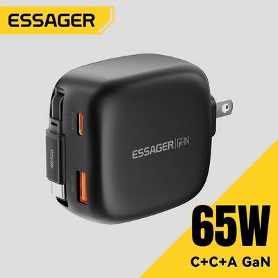 Essager 65W GaN Travel Charge C + A + 65cm Cáp Type C có thể thu vào Ba cổng cho máy tính xách tay máy tính bảng điện thoại di động