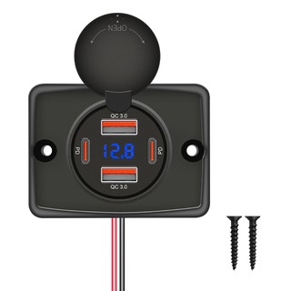 Bộ sạc nhanh ô tô đa năng 12V-24V Bộ sạc nhanh 4 cổng USB + Type-C PD / QC3.0 cho ô tô, xe máy, xe tải có màn hình điện áp