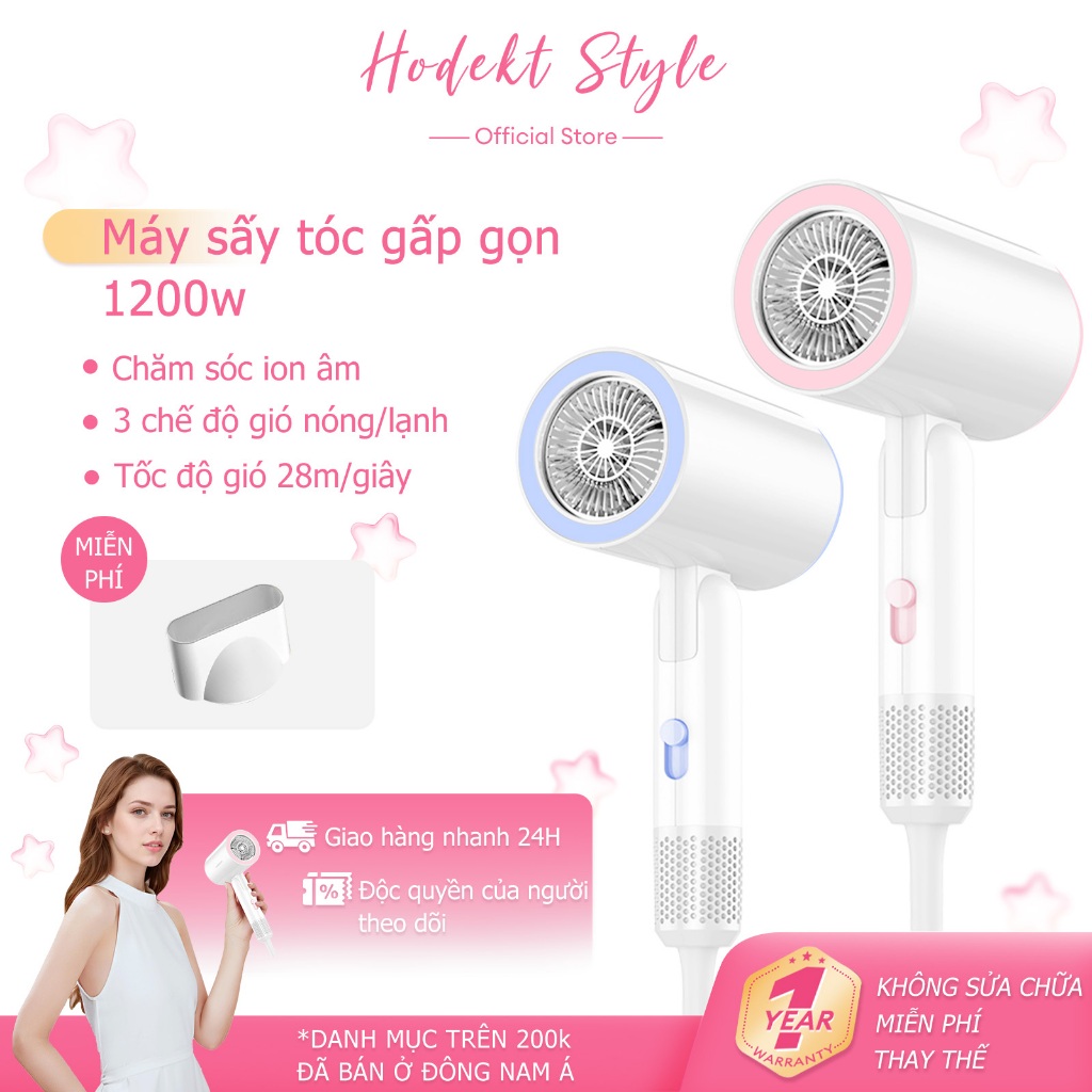 Máy Sấy Tóc Gấp Gọn HODEKT 1200W Bản Mới 3 Chế Độ Gió & Nóng/Lạnh Công Nghệ Đèn Xanh & Ion Âm Bảo Vệ Tóc