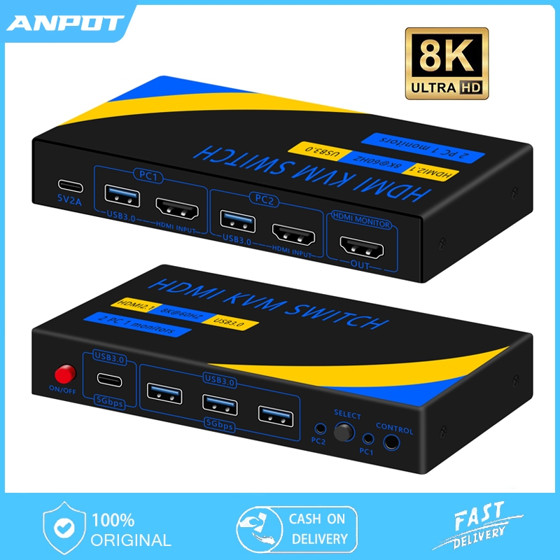 HDMI KVM Switch 2 Port 8K Monitor 8K@60Hz 4K@144Hz with 4xUSB3.0 Port Sharing Keyboard and Mouse