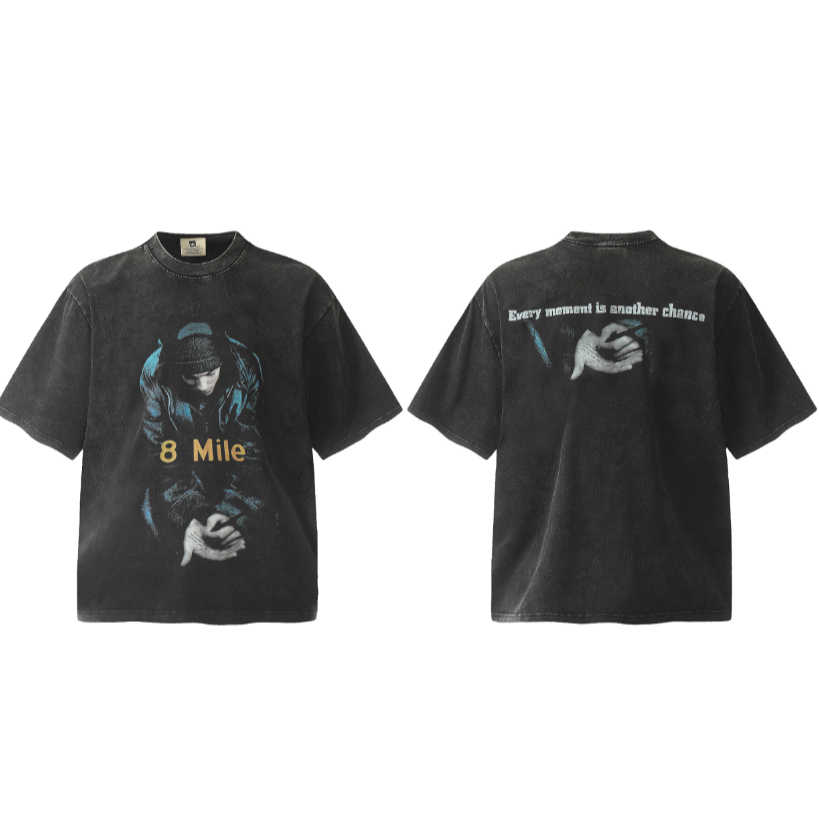 GUOGUO Phong Cách Mới Eminem Eminem 8mile Eight Mile Limited Retro Rửa Đau Khổ Áo Thun Ngắn Tay