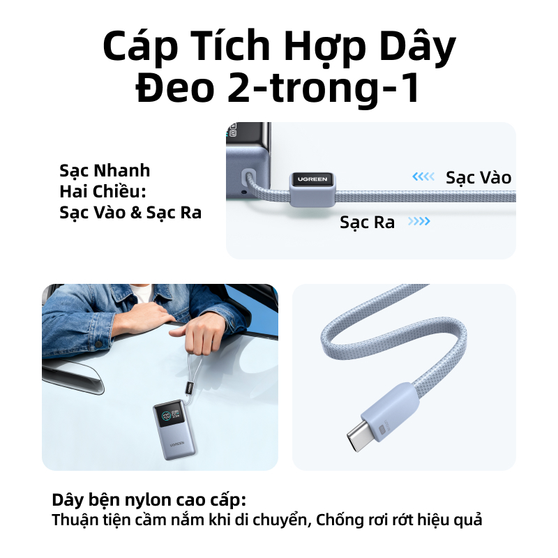 Pin sạc dự phòng UGREEN 10000mAh 55W kèm cáp USB C tích hợp 3 cổng Sạc di động du lịch máy tính xách tay, đèn LED màn hình lớn Sạc nhanh cho Xiaomi và hơn thế nữa | BigBuy360 - bigbuy360.vn