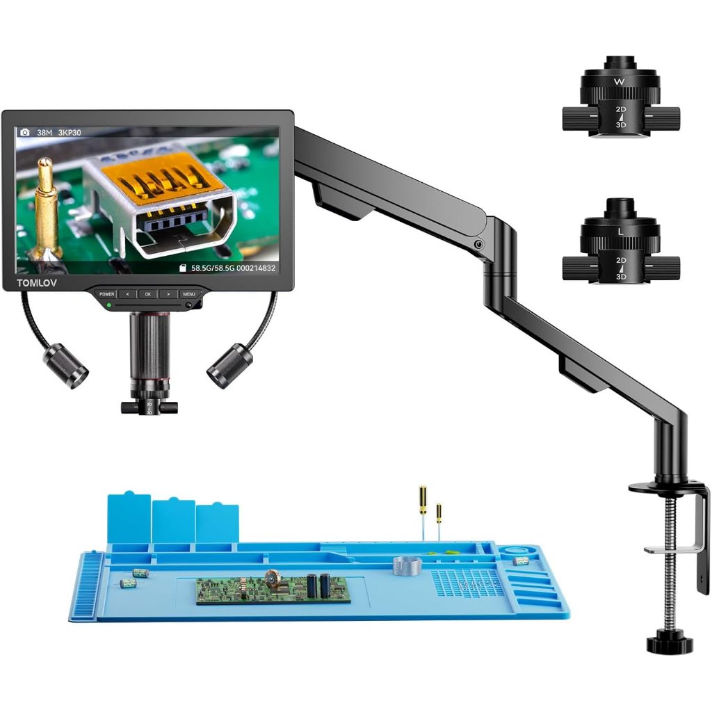 TOMLOV 7inch 1500X Zoom 3D Ống Kính Kép Kỹ Thuật Số Hàn Đồng Xu Sửa Chữa Kính Hiển Vi Cánh Tay Linh 