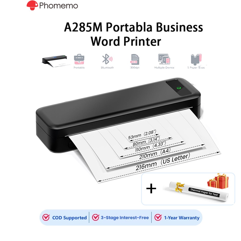 Phomemo Máy In Nhiệt Mini Khổ A4 Di Động  A285M,Độ phân giải in 300dpi Tài liệu kinh doanh tài liệu 