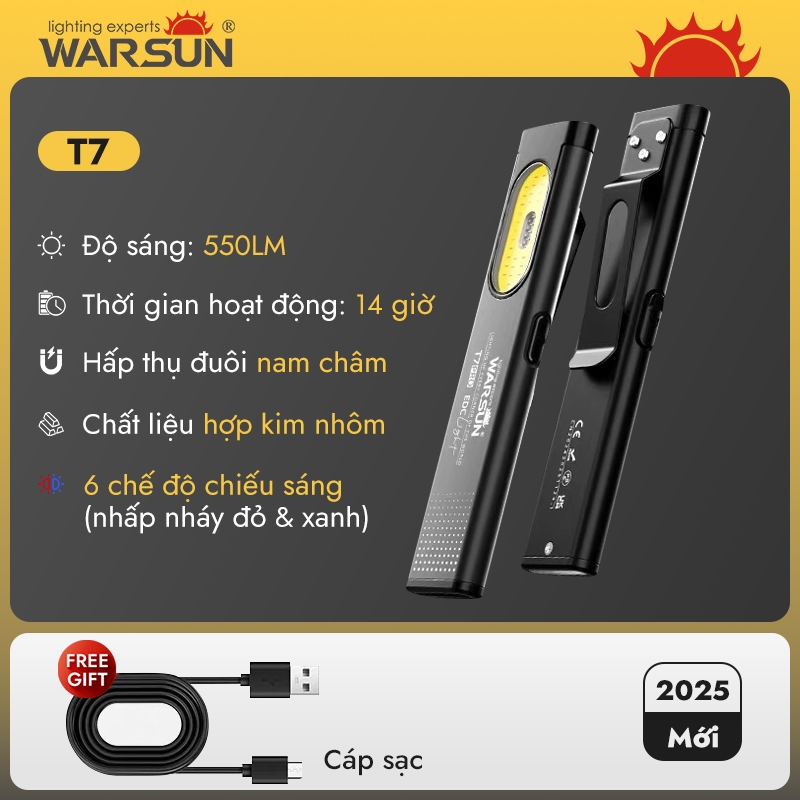 Đèn pin Warsun T7 EDC USB-C sạc lại được, đèn LED mini di động, chức năng từ tính