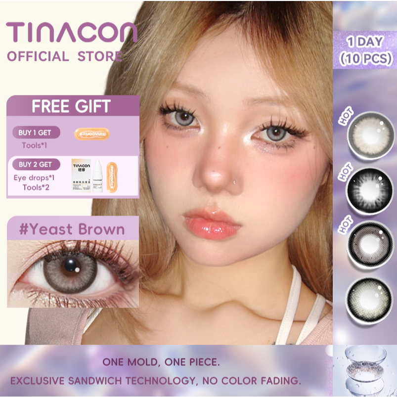 Kính áp tròng 10 chiếc TINACON lens 1 ngày nâu hàng ngày Đường kính14.5mm mắt mềm có độ (0-8)