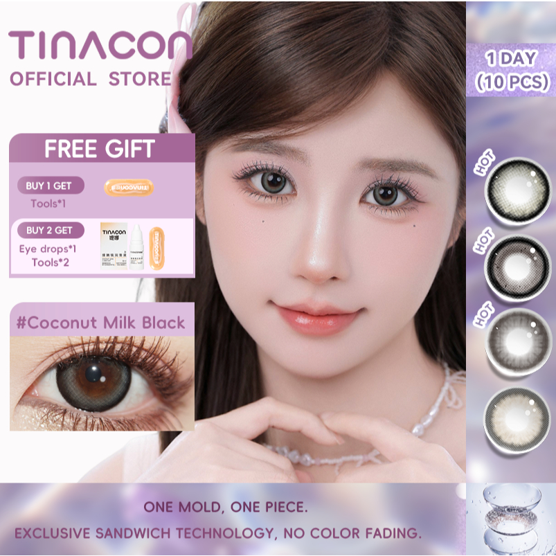 Kính áp tròng TINACON lens 1 ngày màu đen Kính áp tròng dùng hàng ngày 10 chiếc có độ (0-8)