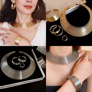 Bộ Trang Sức Phong Cách Boho Dây Kim Loại Vòng Cổ Vòng Tay Bông Tai Nhẫn Phụ Kiện Thời Thượng Cao Cấp
