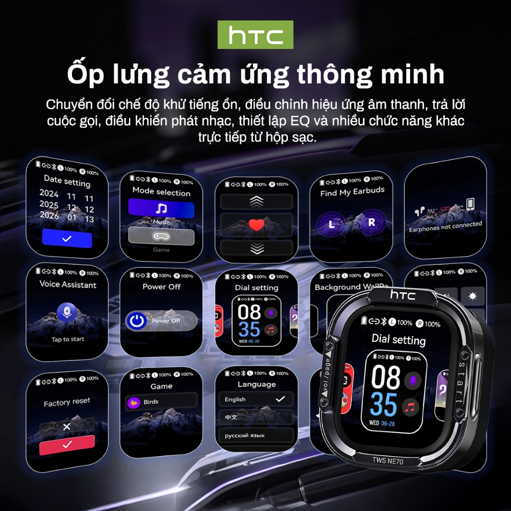 HTC NE70 Tai Nghe Phiên Dịch AI Thời Gian Thực 134 Ngôn Ngữ Với Màn Hình Cảm Ứng LED Hỗ trợ dịch phụ đề video theo thời gian thực  Bluetooth 6.0, Âm Thanh HiFi  Công Nghệ Chống Ồn Chuyên Nghiệp Tương thích với iOS/Android/PC | BigBuy360 - bigbuy360.vn