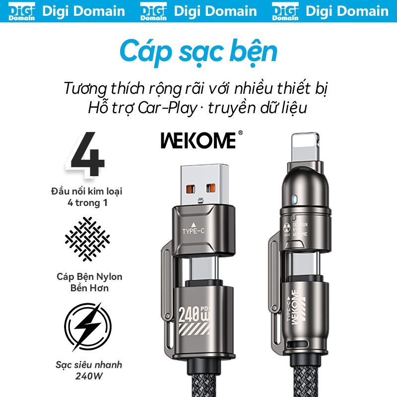 WEKOME 240W Cáp sạc bện màu đen nhanh 4 trong 1 Đa năng 1.2m – Cáp bện siêu bền, tích hợp 4 cổng sạc