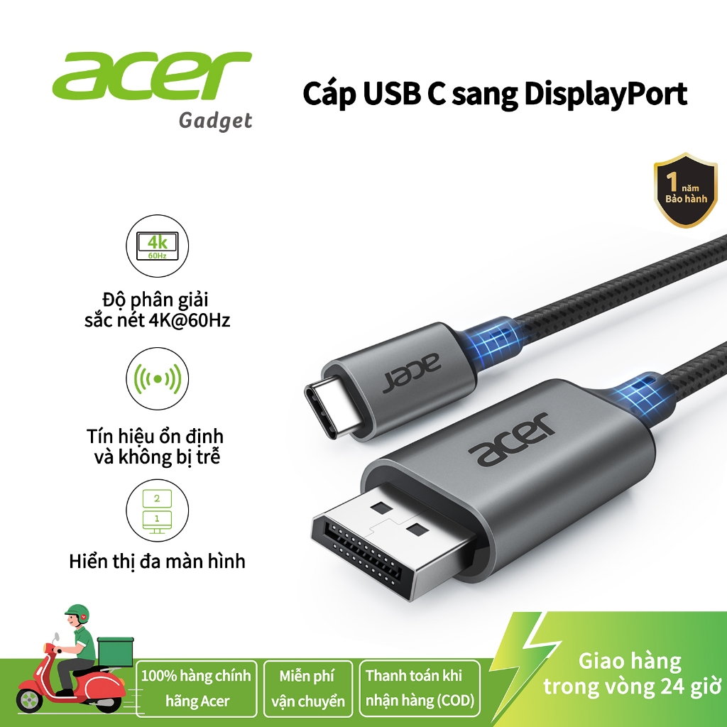 Acer Cáp chuyển USB C sang DP 4K 60HZ 2K 165Hz Dây Type-C to DisplayPort Nhôm chắc chắn Cắm & Chạy cho màn hình/ máy chiếu/ hdtv/ máy tính xách tay UC413