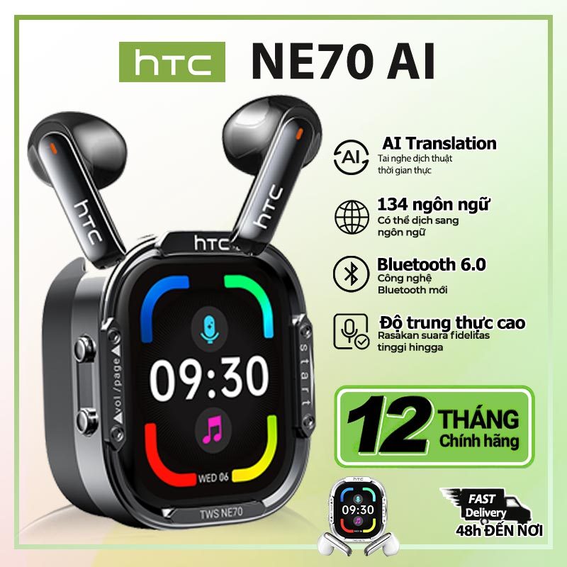 HTC NE70 Tai nghe không dây Bluetooth 6.0, chống nước IPX5, màn hình cảm ứng thông minh, tích hợp micro, dịch thuật AI, thiết kế mỏng nhẹ, thích hợp chơi game, văn phòng, thể thao, học tập và gọi thoại