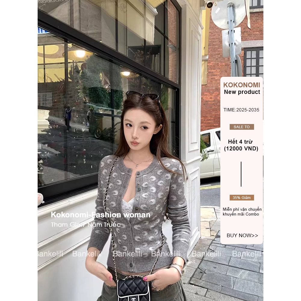 KOKONOMI Áo len dệt kim Jacquard Niche Crescent Hàn Quốc