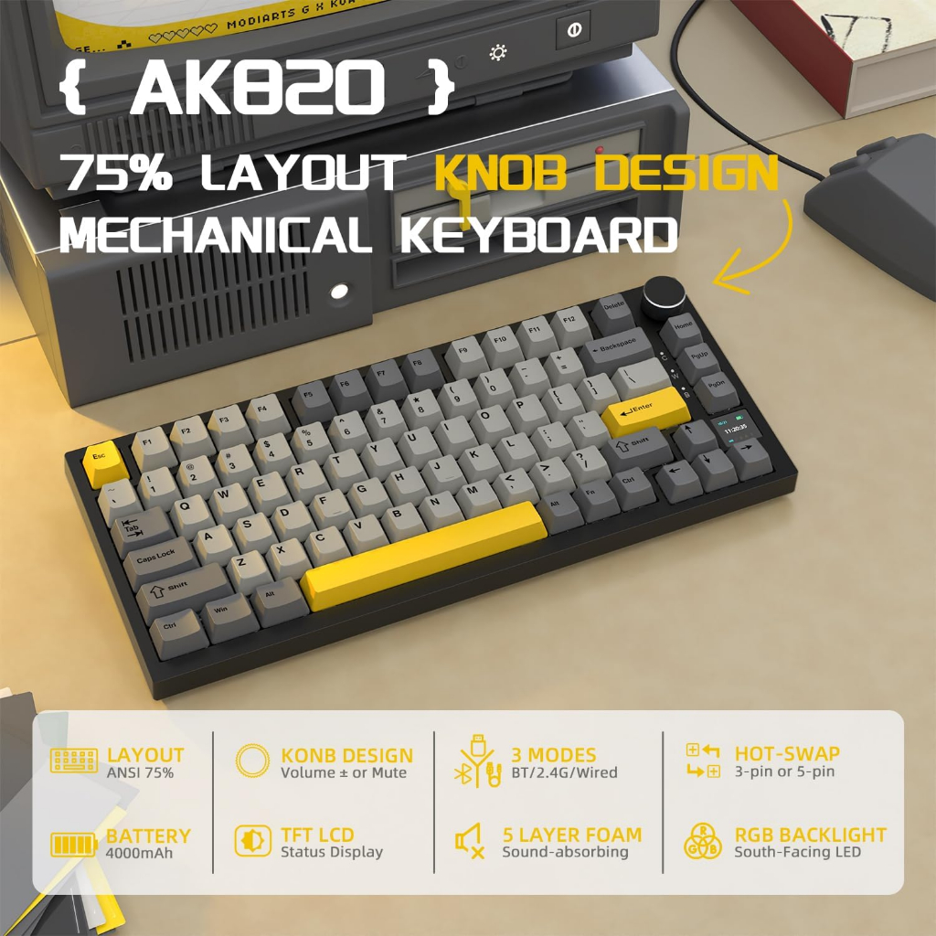 Ajazz Ak820 Pro Three Mode Wireless Bluetooth RGB Mechanical Keyboard Full Key Hot-swappable Suitabl