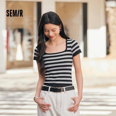 Semir áo thun nữ cổ vuông slim fit casual top sọc vintage mùa xuân