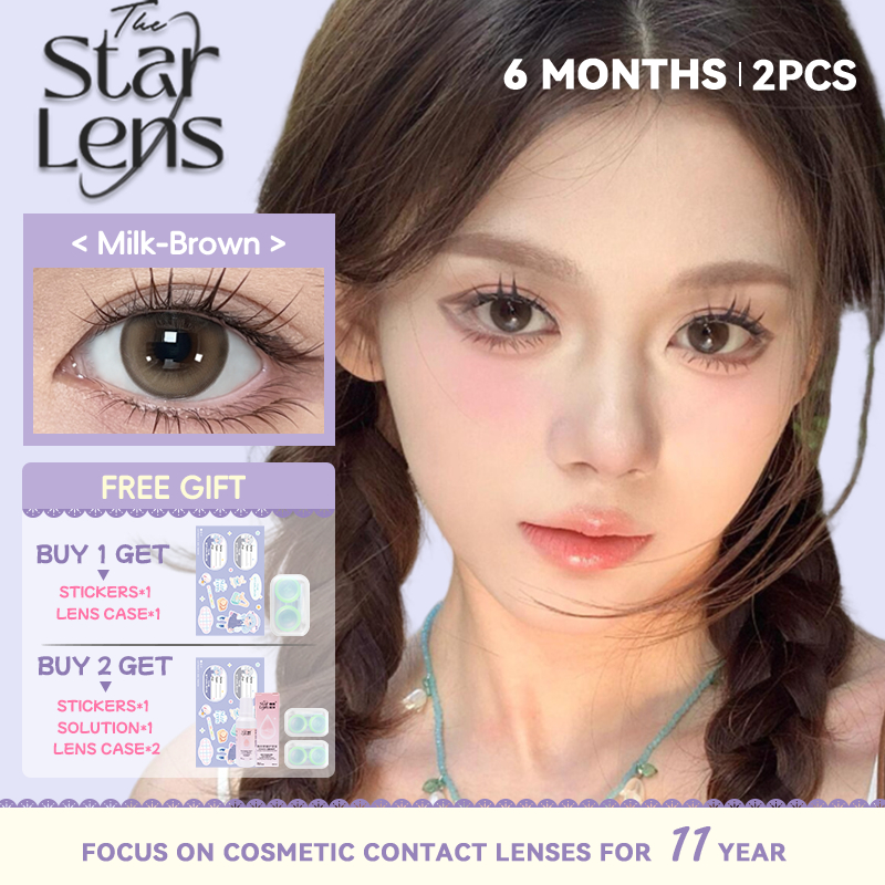Kính áp tròng Starlens, 2 chiếc 6 tháng, lens màu đen/nâu dễ thương, DIA 14,2-14,5, mắt to, có độ (0