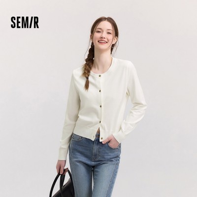 Semir Nữ Crop Cardigan Dệt Kim Mùa Xuân, Cổ Tròn Phong Cách Tối Giản