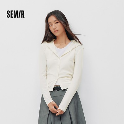 Áo thun nữ Semir dài tay mùa xuân, ren, có mũ trùm đầu, form slim fit