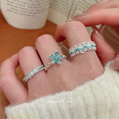 DREJEW Nhẫn Nữ Thiết Kế Hoa Xanh Dương Nhỏ Nhánh | Zircon Men Có Thể Điều Chỉnh | Dành Cho Tặng Quà Đi Chơi Chụp Ảnh