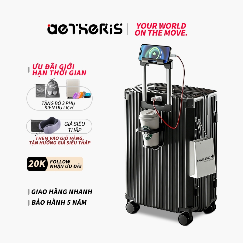 Hộp đựng vali nâng cao AETHERIS, sử dụng chất liệu ABS + PC, được trang bị giá đỡ điện thoại di động và giá đỡ cốc nước, có cổng sạc USB.