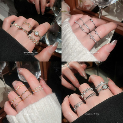 DREJEW Set 7 Nhẫn Kim Cương Giả Hình Ngôi Sao Vàng và Lá Mặt Trăng - Phù Hợp Làm Phụ Kiện Thời Trang Mỗi Ngày