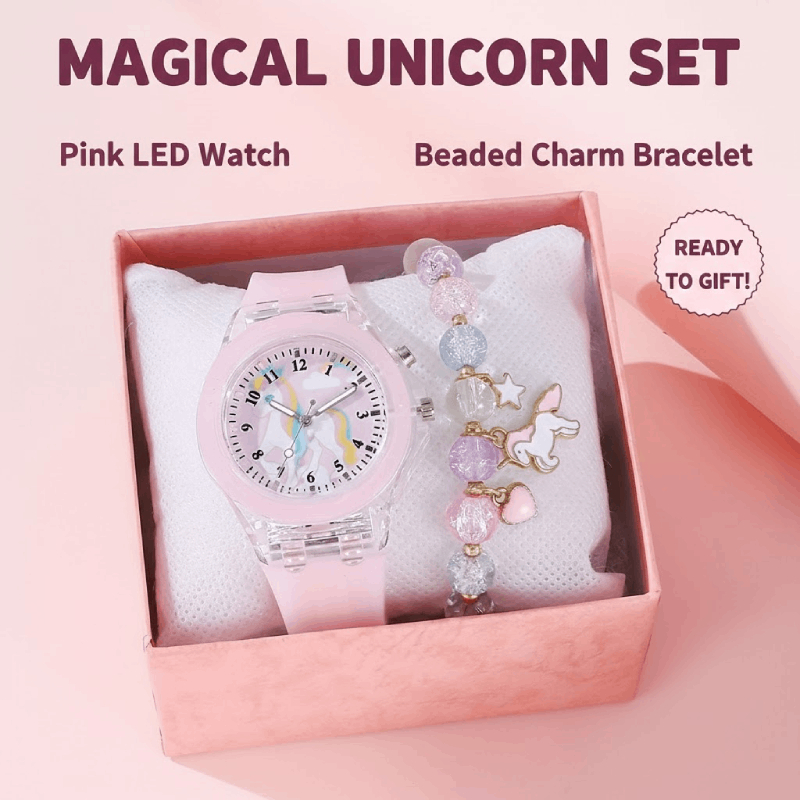 Đồng Hồ Dạ Quang Cho Trẻ Em Bé Trai Và Bé Gái Kỳ Lân Vòng Tay Thạch Anh Bộ Hồng Xanh Trắng Trẻ Em Quà Tặng Trở Lại Trường Không Hộp Cho Mùa Hè