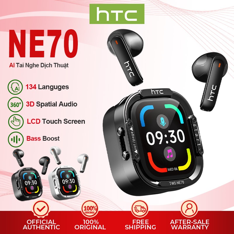 Tai nghe dịch thuật thời gian thực HTC NE70 AI với 134 ngôn ngữ, màn hình cảm ứng LED, Bluetooth 6.0, Âm thanh HiFi, Công nghệ khử tiếng ồn chuyên nghiệp, Tương thích với iOS / Androi | BigBuy360 - bigbuy360.vn