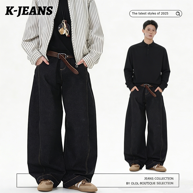 K-JEANS Quần jeans nam nữ form rộng - Quần jeans đen ống loe phong cách American retro may phối chỉ 