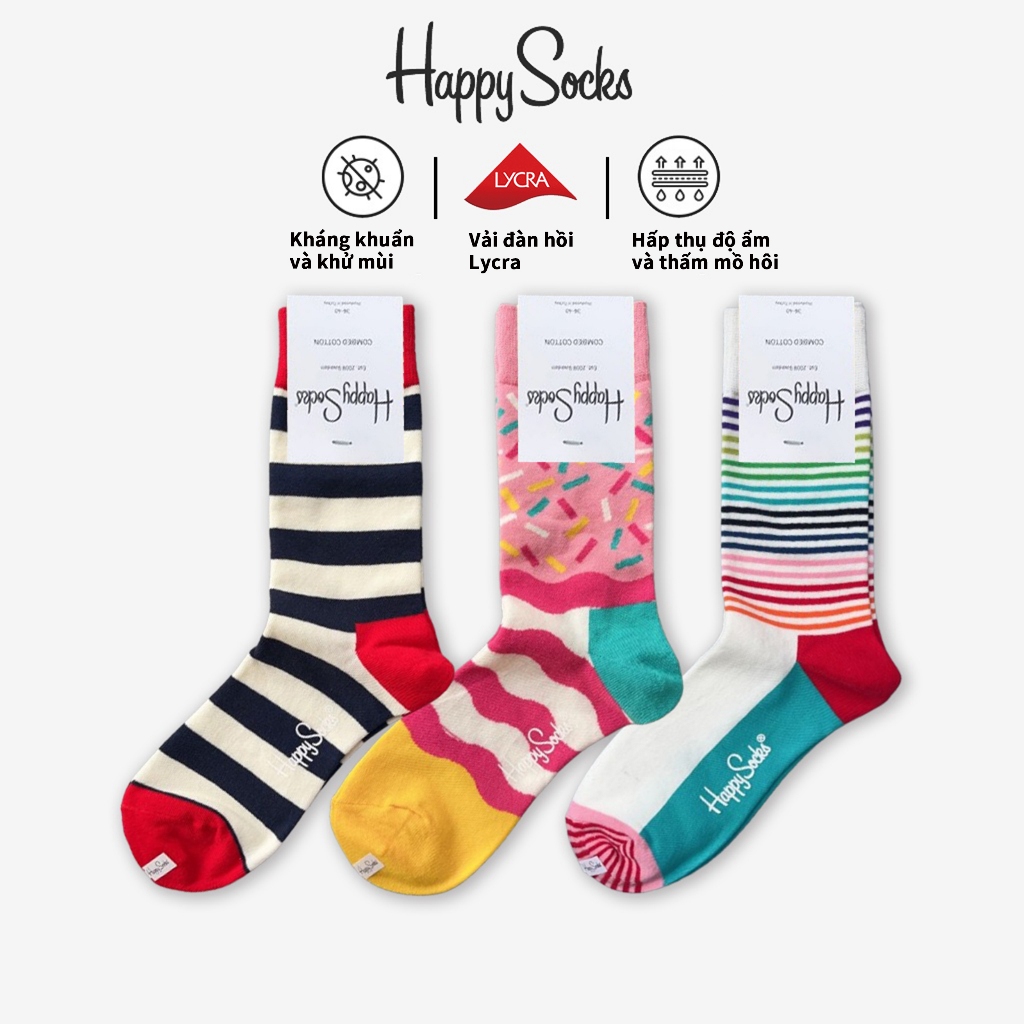 Happy Socks Tất Vớ Nữ Dễ Thương Cotton Crew Socks Sọc
