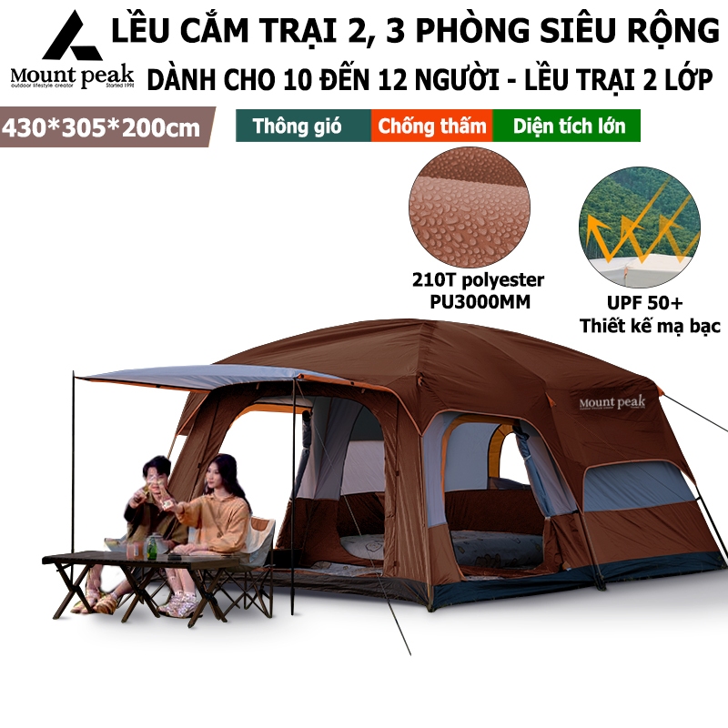 Lều Cắm Trại Camping | Lều 6- 12 người cao cấp | mount peak |  2 Phòng 3 Phòng | 2 Lớp rộng thoáng