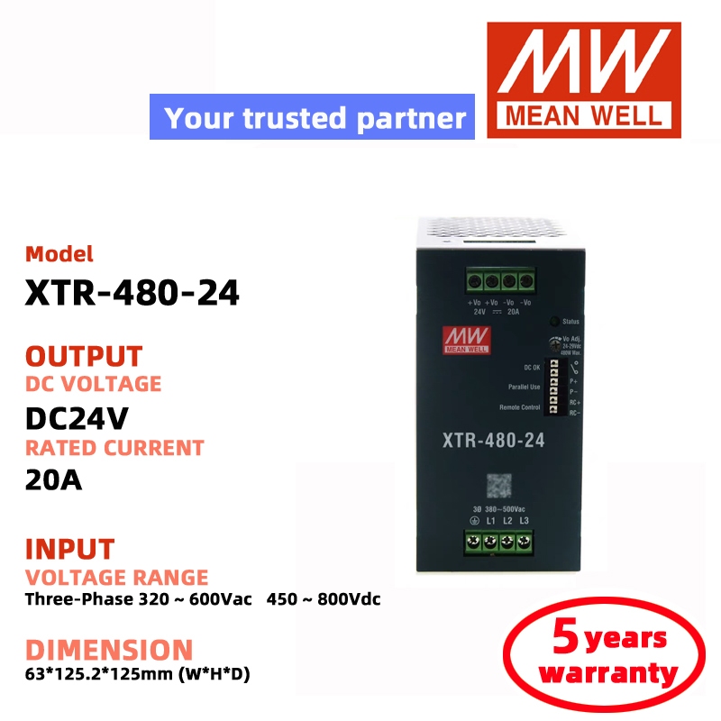 MEAN WELL XTR-480-24 XTR-480-48 XTR-480-12 XTR-480-36 Bộ nguồn chuyển mạch 3 pha 320 ~ 600VAC Nguồn 