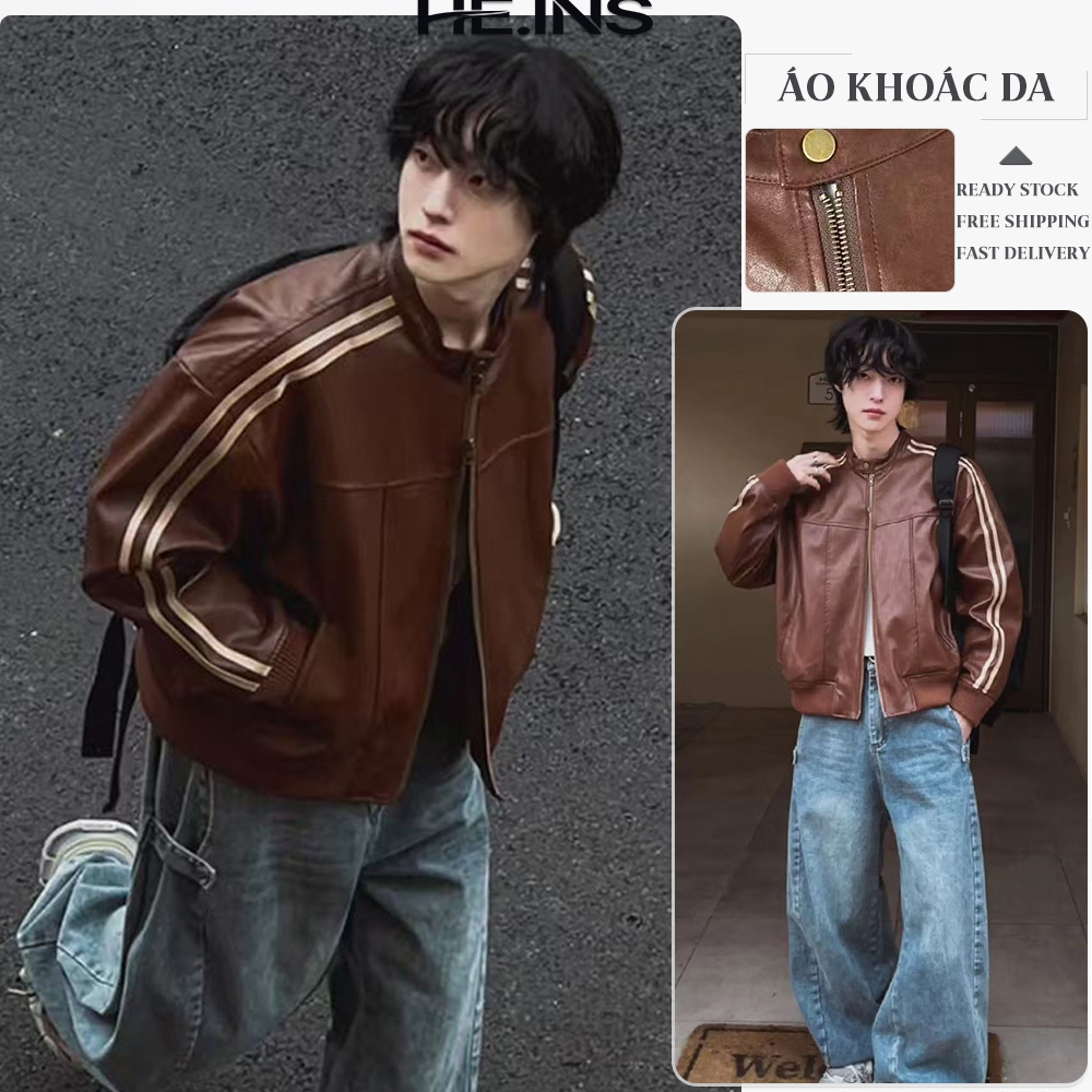 HEINS Áo khoác da nam đen nâu cao cấp dài tay cổ trụ Leather Jacket phong cách Hàn Quốc boxy croptop