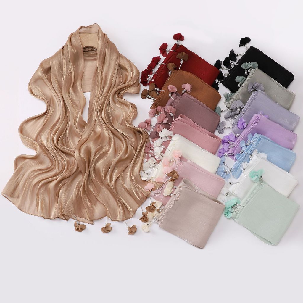 Khăn Choàng Pashmina Lụa Jifang Shimmer Với Ngọc Trai và Tua Rua, Phù Hợp Hijab