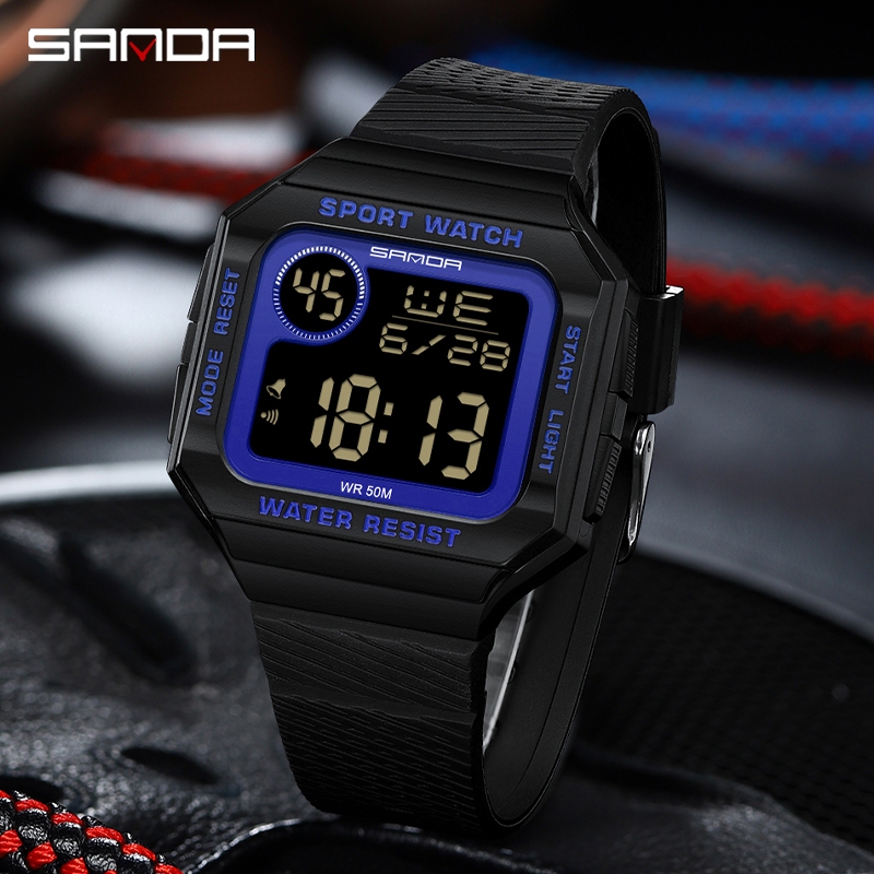 SANDA 2129-3 / Đồng hồ bấm giờ màn hình lớn vuông nguyên bản Thời trang sang trọng Đồng hồ chống nướ