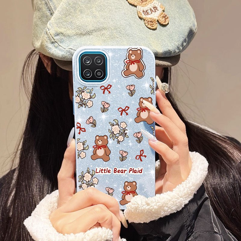 Ốp Điện Thoại YBD Cho Samsung Galaxy A12 M12 F12 A12 Nacho A12S Nơ Gấu Thỏ IMD Flash Vỏ Màu Hồng