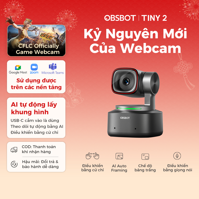 [BẢO HÀNH 1 ĐỔI 1] Camera AI OBSBOT TINY 2 4K PTZ  Cho PC, Webcam, Laptop Livestream, 60FPS ,Cảm Biế